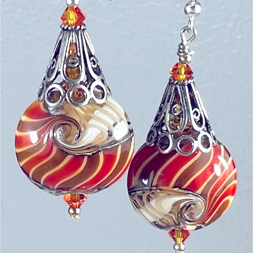 ORANGE SWIRLS LAMPWORK SWAROVSKI DANGLING STERLING SILVER EARRING